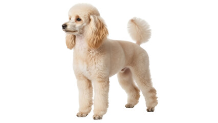 Isolated Apricot Poodle standing at attention with fluffy tail and elegant fur, looking left