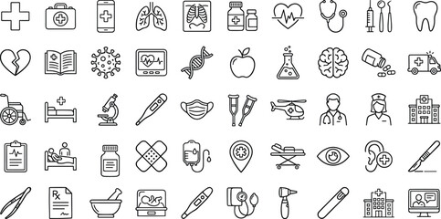 Healthcare medical line icons set featuring hospital equipment, doctors, diagnostics, emergency care, medicine, wellness, outline vector symbols collection