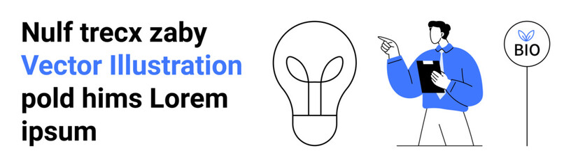 Sustainability, eco-innovation, renewable ideas, data analysis, environmental progress, concept illustration. Light bulb with leaf, man holding a clipboard near bio-sign. Sustainability