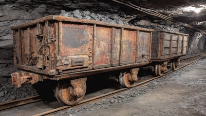 A coal cart filled with dark rocks is positioned on tracks in a dimly lit tunnel. The walls are lined with stone, and lights above provide a faint glow. This is a mining area