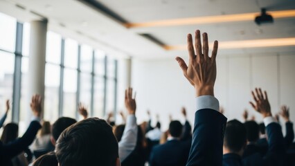 Group of people raising hands during business conference. Audience participation at seminar. Active learning and polling concept for workshop.