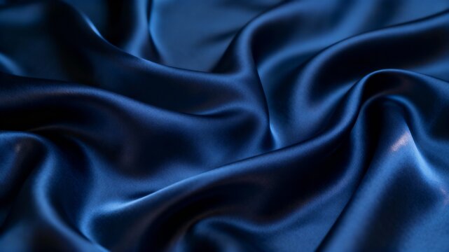 Abstract background dark blue silk satin texture in navy color with elegant atmosphere soft wavy folds smooth fabric surface creating luxurious backdrop with ample space for modern design projects vis