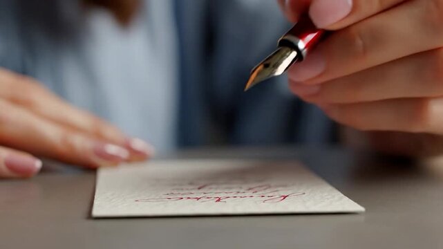 Hand writing with fountain pen on paper close up