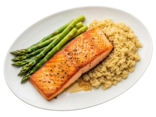 Isolated salmon steak on plate with asparagus and couscous, healthy meal food preparation