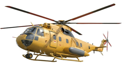 Isolated yellow transport helicopter rotating rotor blades air mobility aviation flying transport © Sindre