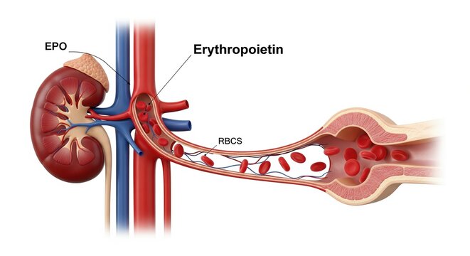 Educational medical diagram showing renal erythropoietin secretion and stimulation of red blood cell formation