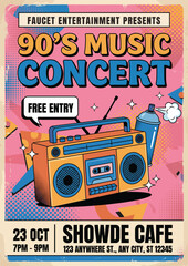Vibrant 90s music concert poster with boombox and free entry