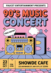 Vibrant 90s music concert poster with boombox and spray can