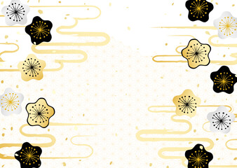 金銀の梅の花と日本の伝統模様を組み合わせた華やかな背景イラスト