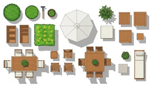 A collection of outdoor furniture and plant vectors in top view for architectural planning isolated on white background