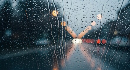 Raindrops on car windshield blurring city street lights at night for a rainy day driving concept and moody urban atmosphere