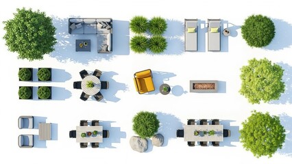 A comprehensive top-down collection of modern outdoor patio furniture and landscaping elements isolated on white background