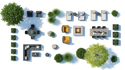 Overhead view of various outdoor patio furniture and plants for landscape design layouts isolated on white background