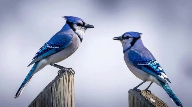 Two vibrant blue jays perched on weathered wooden posts against a soft pale blue sky background in nature