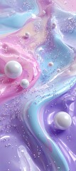 Abstract artwork of swirling liquid and spheres in pastel shades