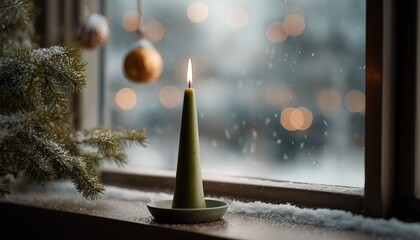 Single illuminated taper candle rests on a snow dusted windowsill beside evergreen branches during winter
