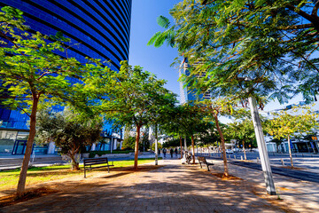 Naklejka premium Green center Tel Aviv with skyscrapers and people walking, life on the streets city in Israel.