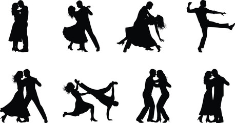 Romantic ballroom and latin dance silhouettes collection featuring elegant couples performing tango salsa waltz choreography isolated vector illustration set