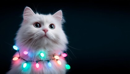 A fluffy white cat adorned with colorful holiday lights against a dark background.