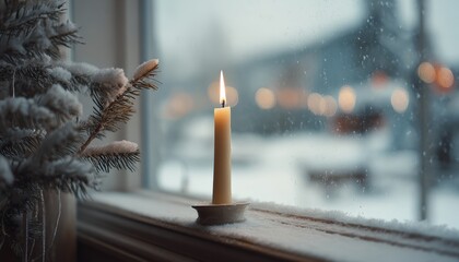 Burning taper illuminates frosted window during winter snowfall outside
