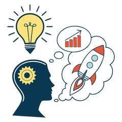 Business innovation and creative solution concept with lightbulb and rocket flat vector.