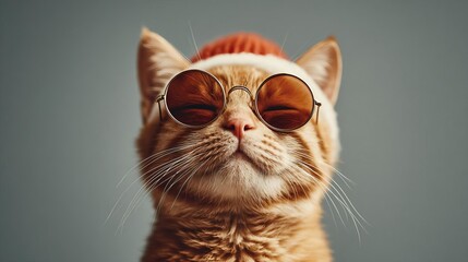 A stylish cat wears sunglasses and a festive hat, exuding cool and confident vibes.