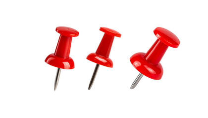 A set of red paper pins for securing notes on a white background
