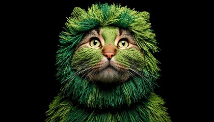 A whimsical cat with green fur resembling foliage poses against a dark backdrop.