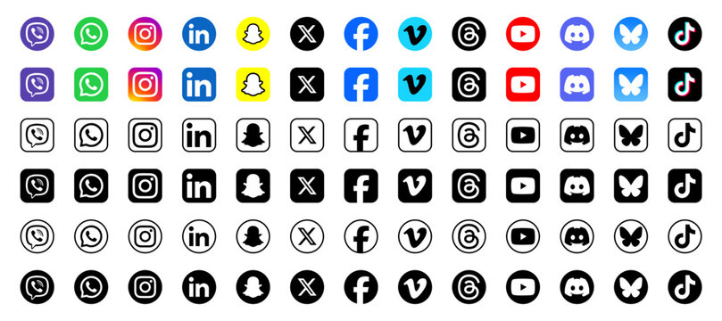 2026- New social media icons vector set. Social network logos collection. Instagram, facebook, youtubre, x , snapchat, whatsapp, linkedin, vimeo, tiktok, viber, threads, bluesky, discord.