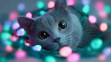 A playful gray cat surrounded by colorful holiday lights, creating a cozy atmosphere.
