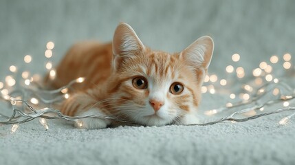 A curious orange cat lying amongst twinkling fairy lights on a soft surface.