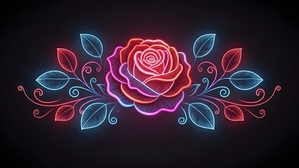 A beautiful neon glowing rose flower with blue and red leaves on a black background