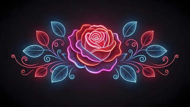 A beautiful neon glowing rose flower with blue and red leaves on a black background