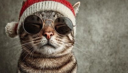 A stylish cat wearing sunglasses and a festive hat, exuding holiday cheer.