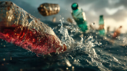 Plastic bottles bob on the waves, splashing droplets of water into the air. This image illustrates the problem of water pollution
