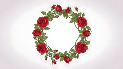 A beautiful circle frame made of hand-drawn red roses and green leaves on a light background