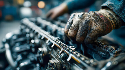 A mechanic's gloved hand adjusts parts on a greasy engine assembly. Workshop lights blur in the background