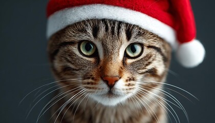 A festive cat wearing a Santa hat, embodying the holiday spirit and joy.