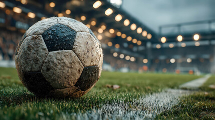 A soccer ball lies on the wet grass near the sideline of the field. Stadium lights and fans in the background