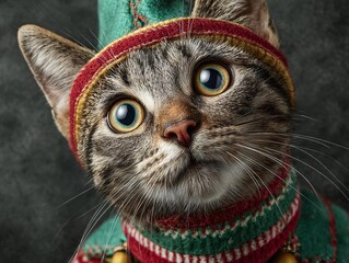 A cute cat dressed in colorful festive apparel with expressive blue eyes.