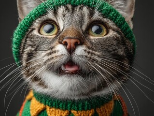 A cute cat wearing a colorful beanie with a curious expression on its face.