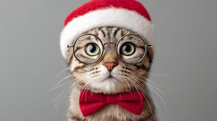 A festive cat wearing a Santa hat and glasses, capturing the holiday spirit with charm.