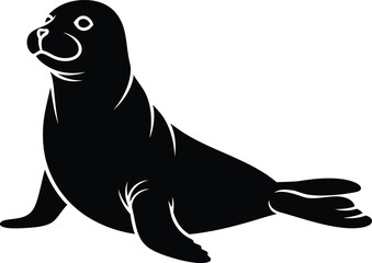 Black silhouette of a cute seal aquatic marine animal sitting isolated on white background for nature conservation emblem wildlife vector illustration and mascot.