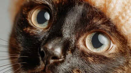Close-up of a curious cat with striking blue eyes and a soft hat.