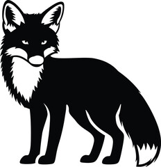 Black and white fox vector illustration isolated on white background depicting a wild forest animal in minimalist silhouette style for logo icon and tattoo art.