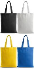 Four colored tote bags isolated on a plain white background.