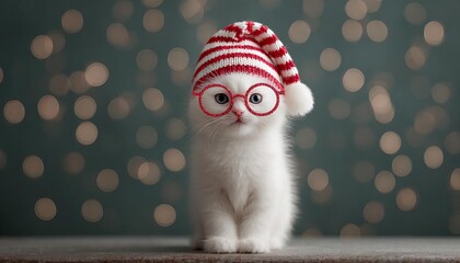 A cute white kitten wearing a red and white striped hat with glasses, surrounded by bokeh.