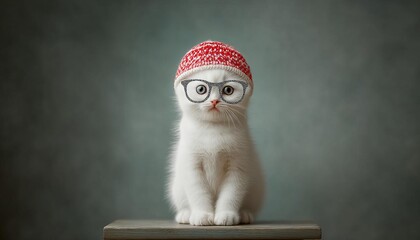 A cute kitten wearing glasses and a knitted hat, posing with a stylish expression.