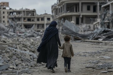 A woman wearing a long dark garment holds the hand of a small child as they walk through rubble.