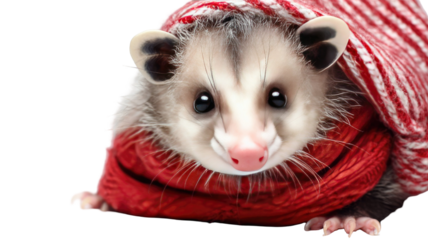 Cute domestic rodent pet wearing a red Christmas hat, featuring a furry hamster and rat isolated on a white background, studio shot of small brown and white mammals